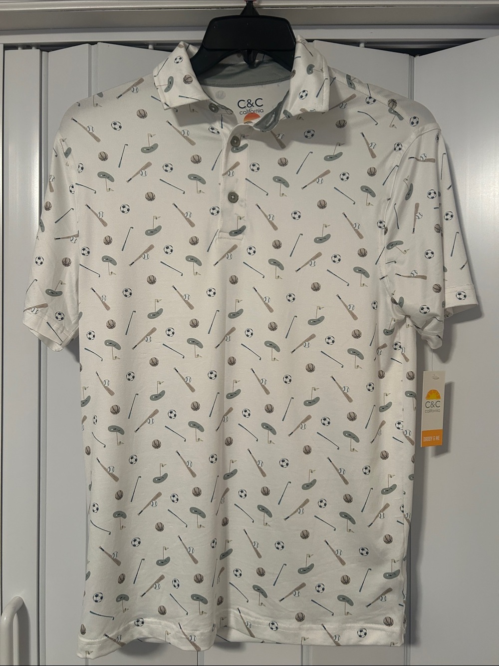 C&C California White Polo with Green and Brown Sports Motif